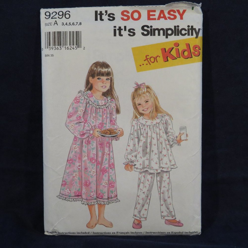 SIMPLICITY 9296 CHILD's Nightgown & Pajamas Size A 3-8 CUT Vintage (#930)